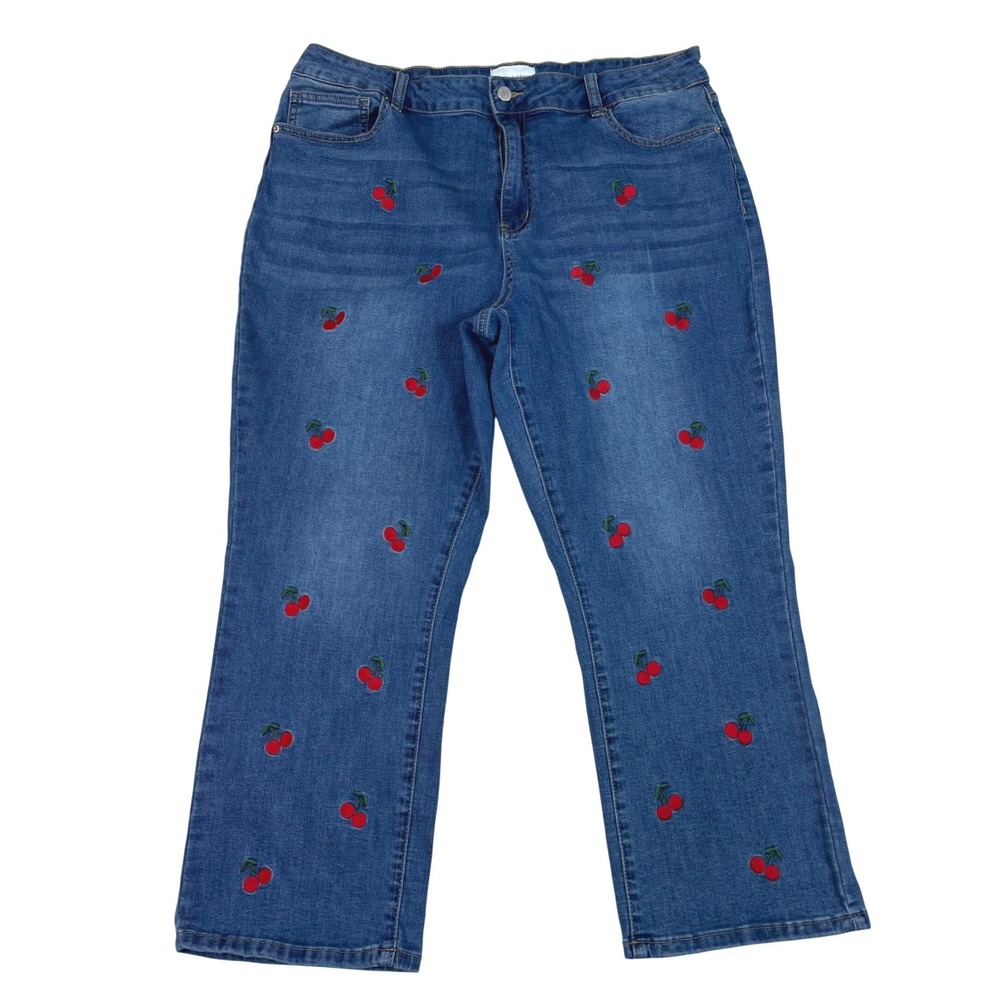 Poppy & Grace Womens Cherry Embroidered Straight Leg Jeans Blue Size 33 Mid Rise